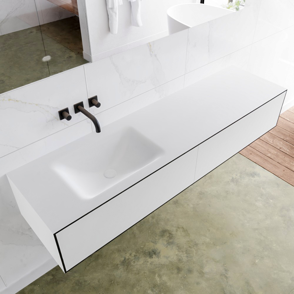 Mondiaz Lagom 170 badmeubel solid surface urban 2 lades Wastafel Cloud links zonder kraangat