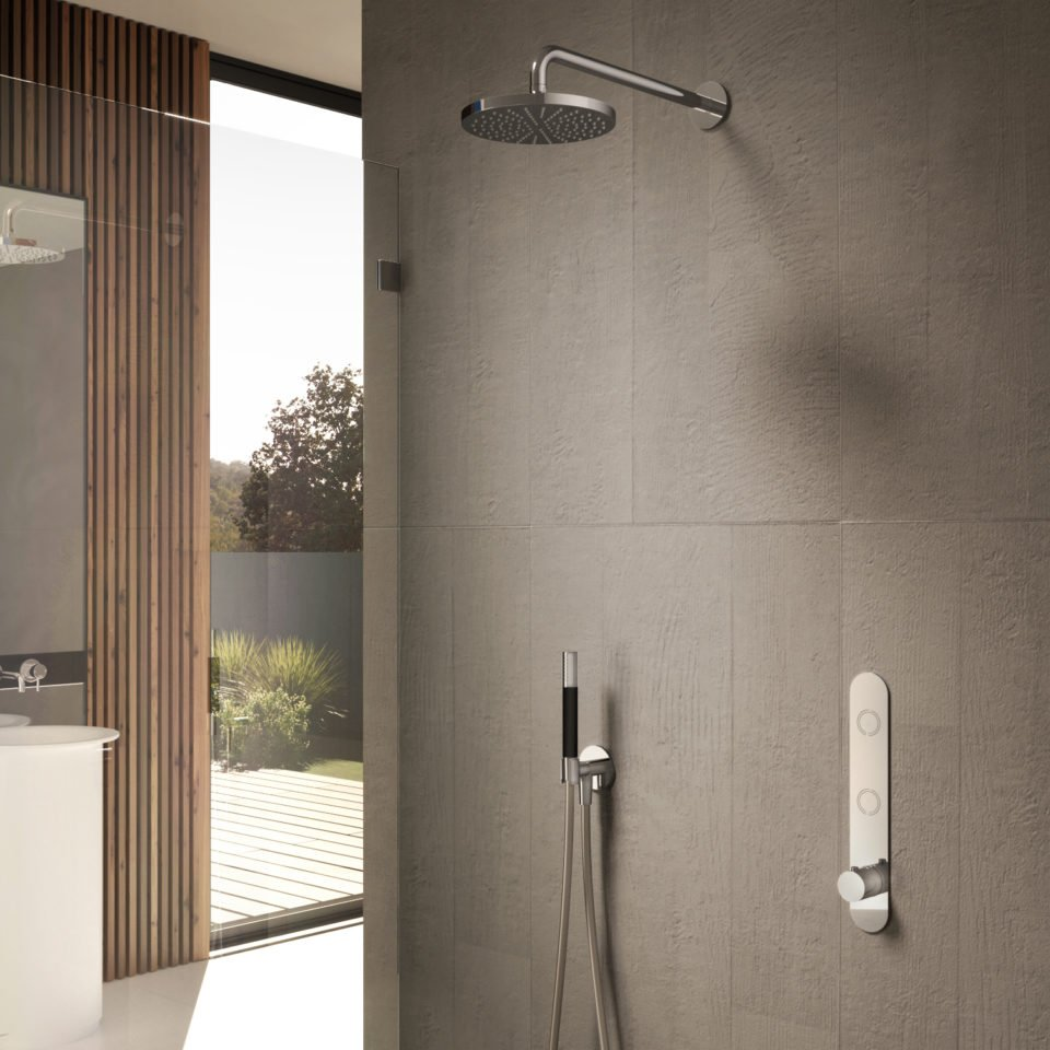 Hotbath Cobber IBS24 inbouw douche set met 2 pushbuttons geborsteld nikkel staafdouche plafondbuis 30cm douchekop 20cm