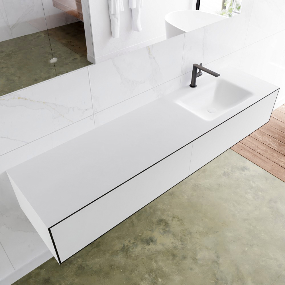 Mondiaz Lagom 180 badmeubel solid surface urban 2 lades Wastafel Cloud rechts 1 kraangat