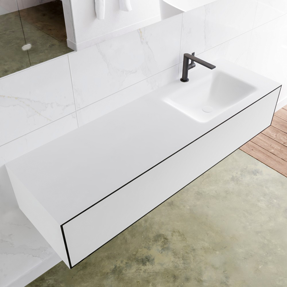 Mondiaz Lagom 150 badmeubel solid surface urban 1 lade Wastafel Cloud rechts 1 kraangat