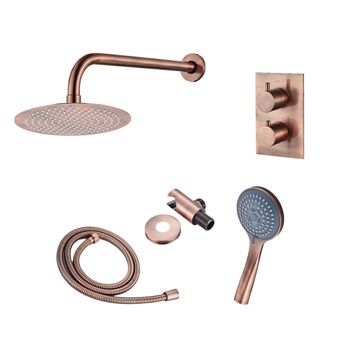 Saniclear Copper inbouw regendouche met wandarm hoofddouche en 3 standen handdouche 20cm geborsteld koper