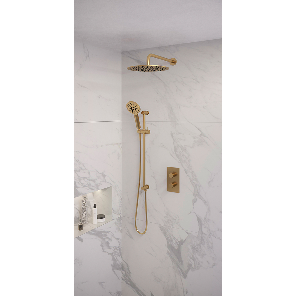 Brauer Gold Edition doucheset glijstang, gebogen muurbuis en ronde handdouche 3-weg 30 goud