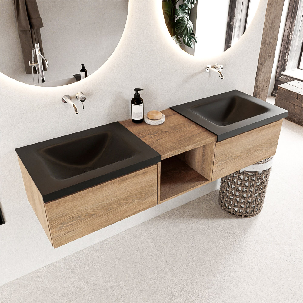 Mondiaz Bukla badmeubel 2 lades en dubbele wasbak 160 washed oak en urban