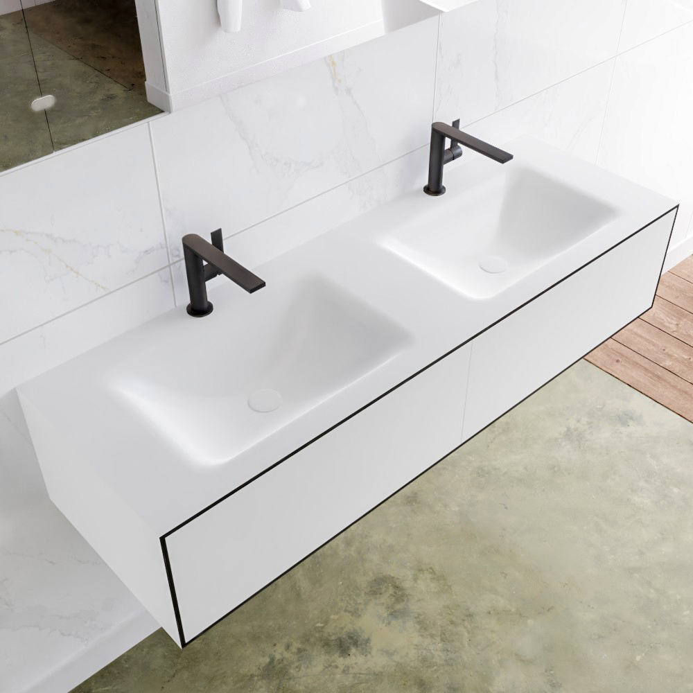 Mondiaz Lagom 140 badmeubel solid surface urban 2 lades Wastafel Cloud dubbel 1 kraangaten