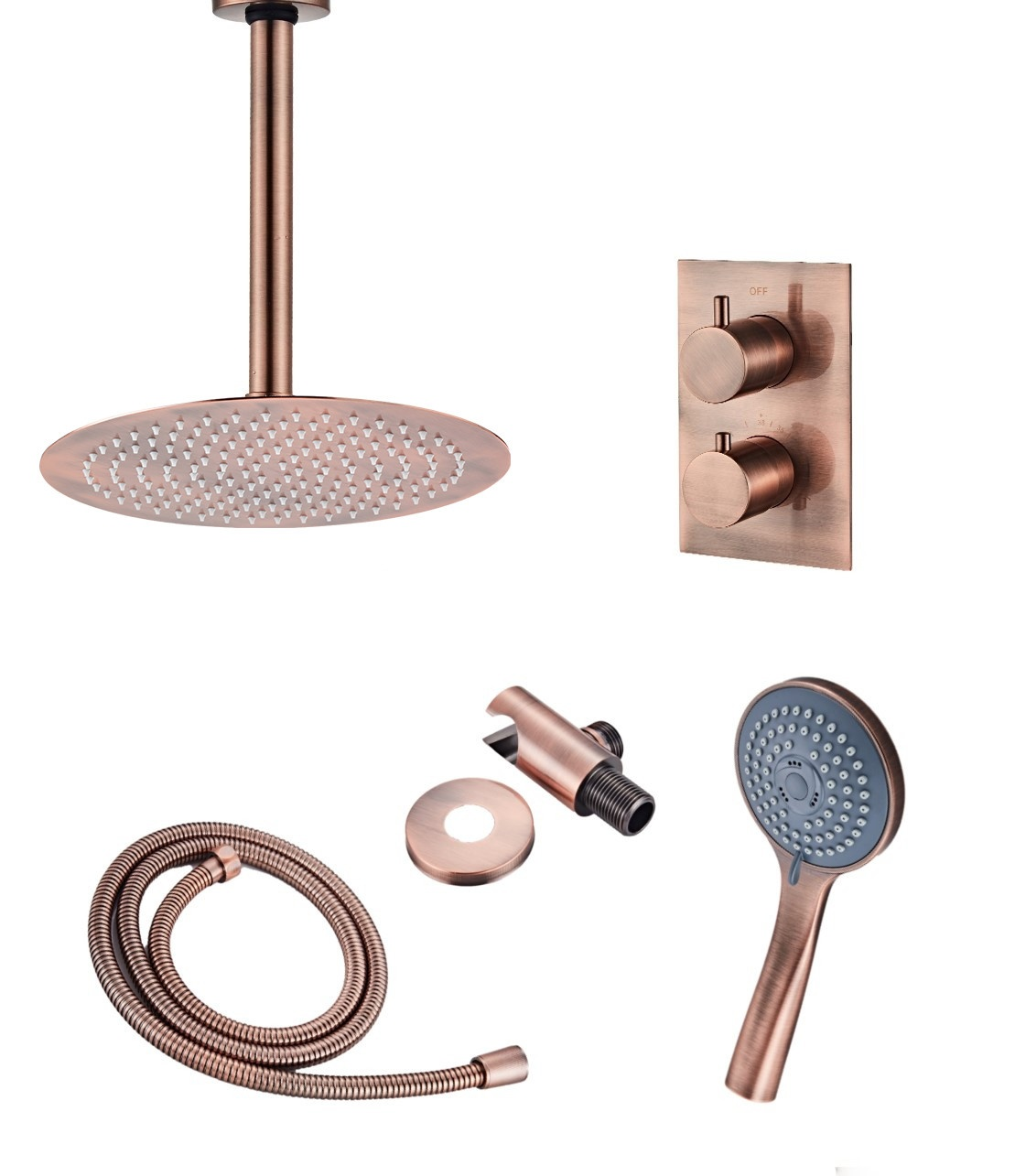 Saniclear Copper inbouw regendouche met plafondarm hoofddouche en 3 standen handdouche 20cm geborsteld koper