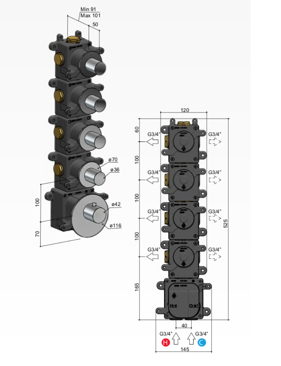 Hotbath MHF004 High Flow inbouwbox voor thermostaat met 4 stopkranen