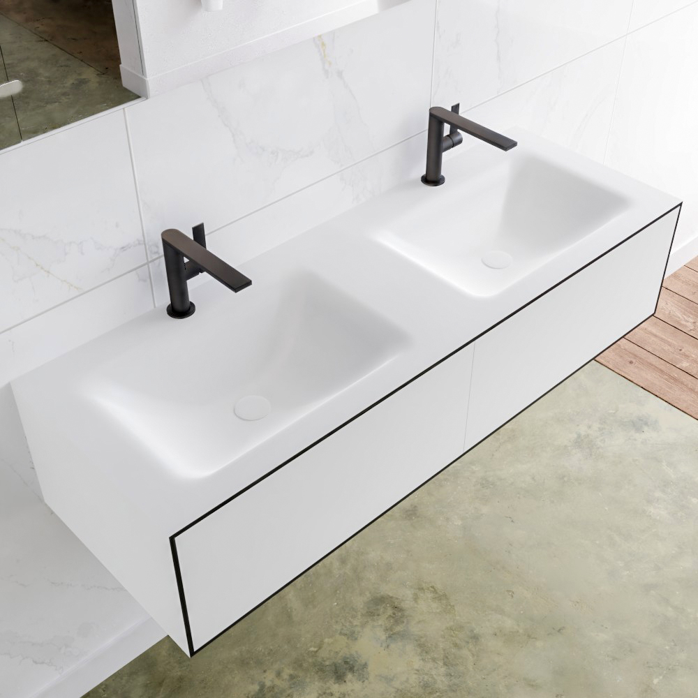 Mondiaz Lagom 130 badmeubel solid surface urban 2 lades Wastafel Cloud dubbel 1 kraangaten