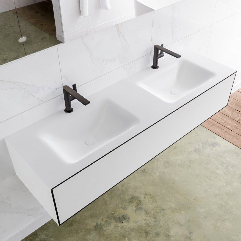 Mondiaz Lagom 150 badmeubel solid surface urban 1 lade Wastafel Cloud dubbel 1 kraangaten