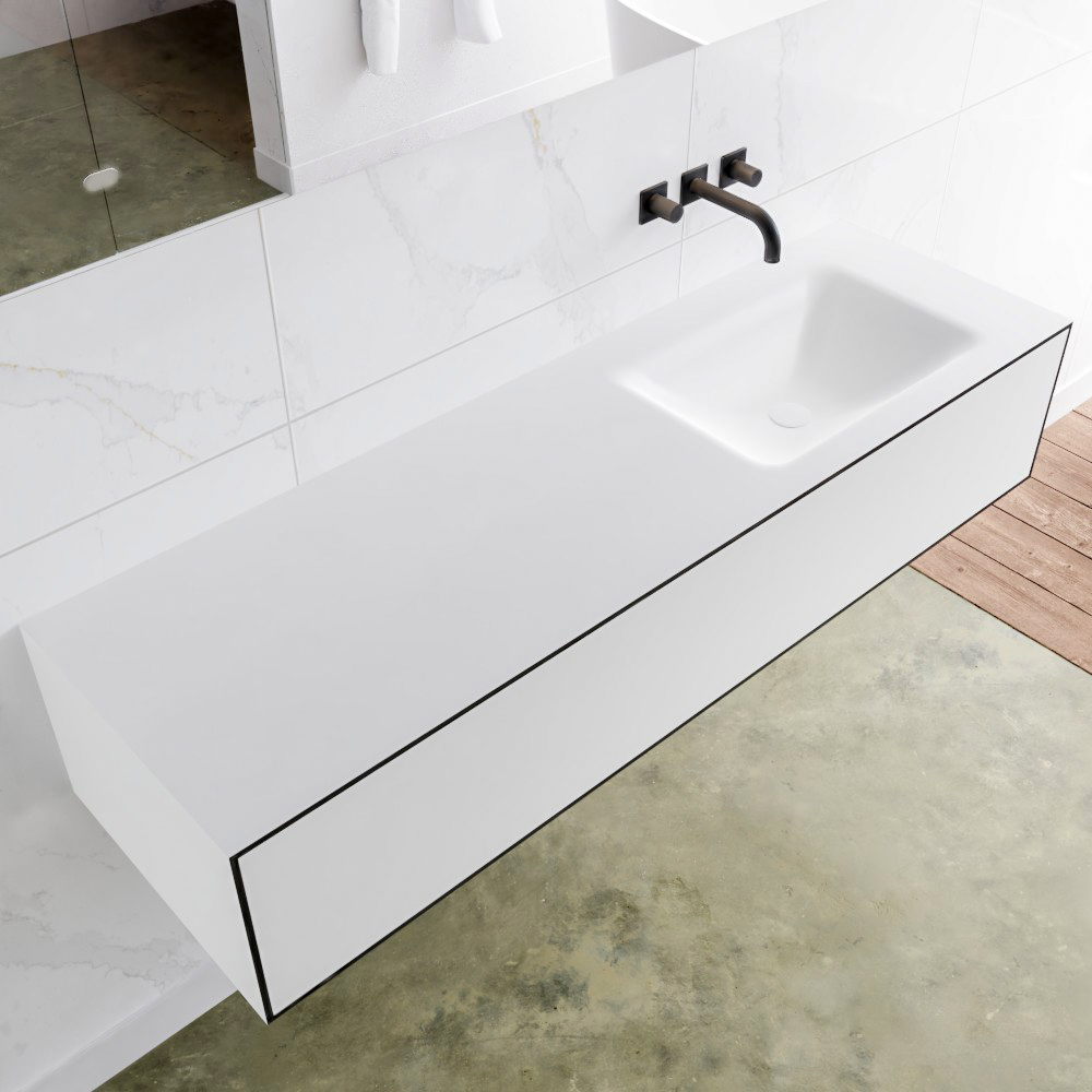 Mondiaz Lagom 150 badmeubel solid surface urban 1 lade Wastafel Cloud rechts zonder kraangat