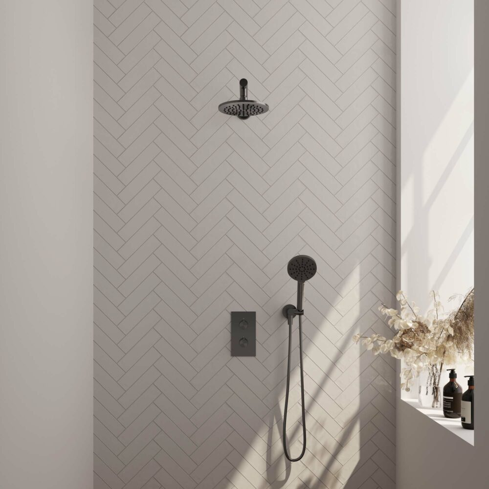 Brauer Gunmetal Carving inbouw doucheset rechte muurarm en ronde handdouche 3-weg 20 gunmetal