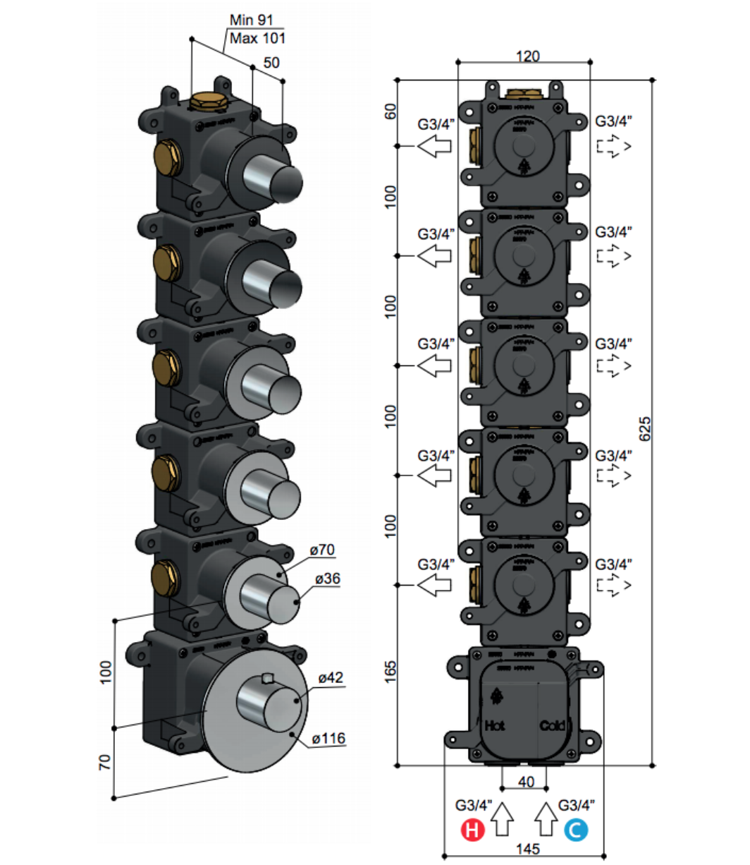 Hotbath MHF005 High Flow inbouwbox voor thermostaat met 5 stopkranen