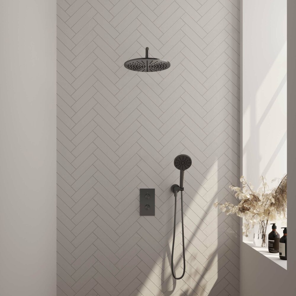 Brauer Gunmetal Carving inbouw doucheset muurarm en ronde handdouche 3-weg 30 gunmetal