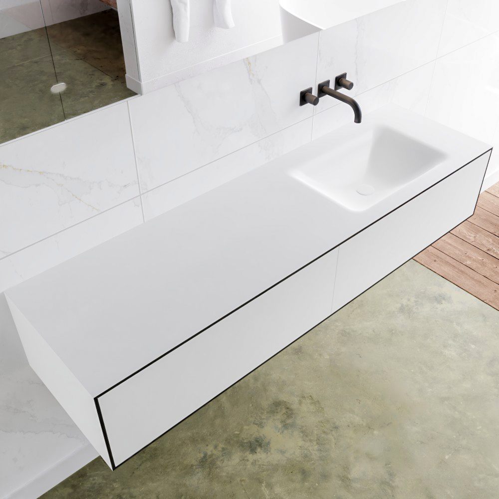 Mondiaz Lagom 160 badmeubel solid surface urban 2 lades Wastafel Cloud rechts zonder kraangat