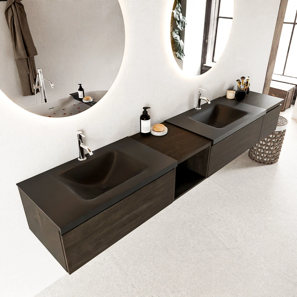 Mondiaz Bukla badmeubel links 3 lades en 2 kraangaten 240 dark brown en urban