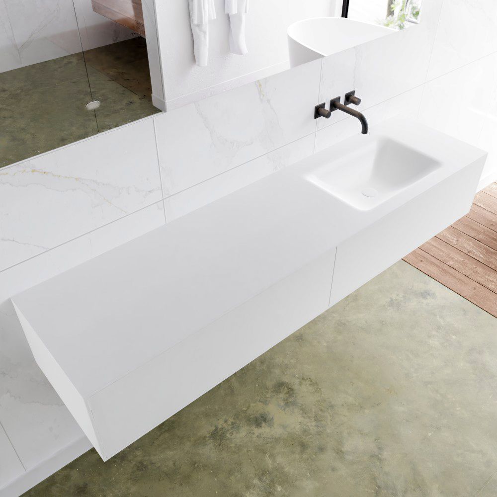 Mondiaz Lagom 180 badmeubel solid surface talc 2 lades Wastafel Cloud rechts zonder kraangat