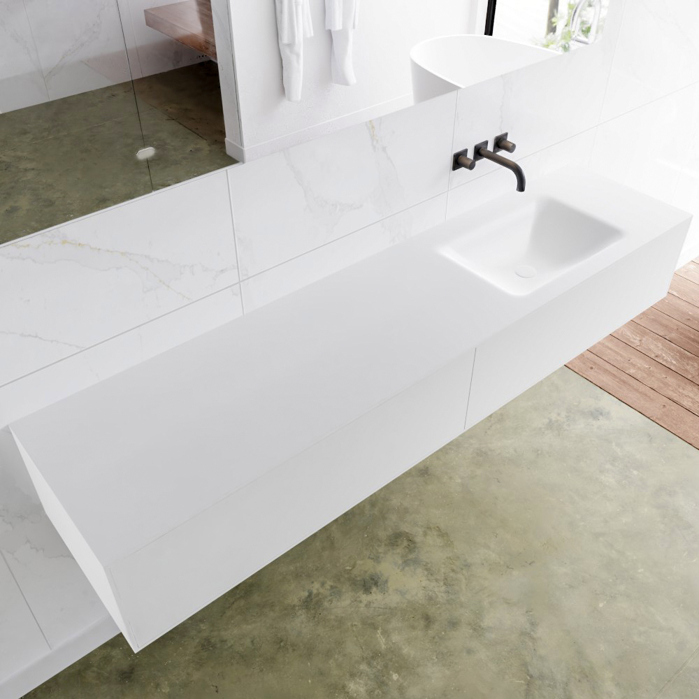 Mondiaz Lagom 190 badmeubel solid surface talc 2 lades Wastafel Cloud rechts zonder kraangat