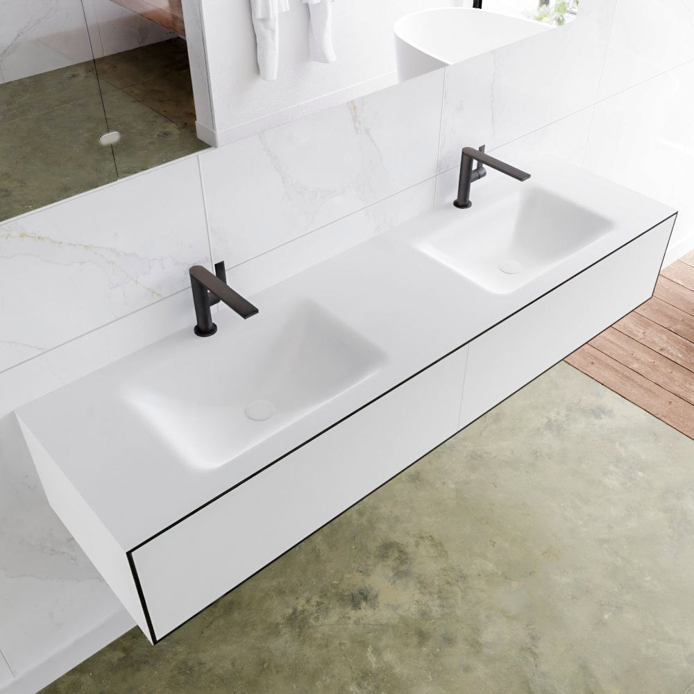 Mondiaz Lagom 170 badmeubel solid surface urban 2 lades Wastafel Cloud dubbel 1 kraangaten