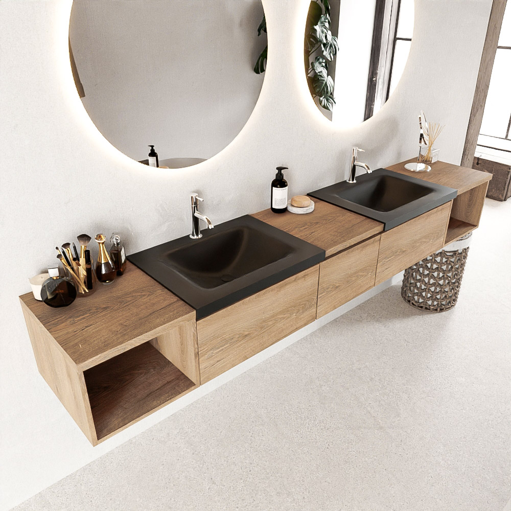 Mondiaz Bukla badmeubel 3 lades en 2 kraangaten 240 washed oak en urban