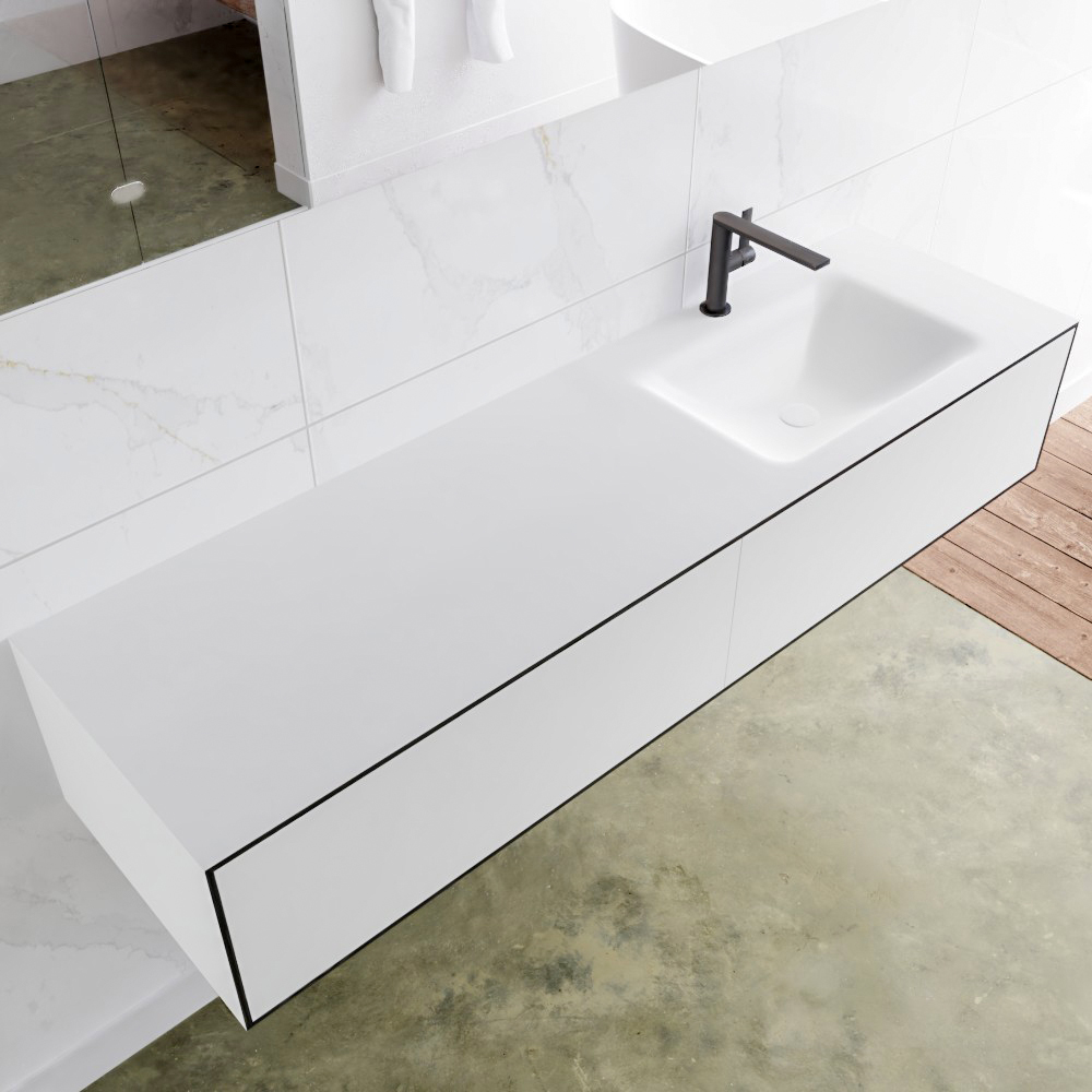 Mondiaz Lagom 160 badmeubel solid surface urban 2 lades Wastafel Cloud rechts 1 kraangat