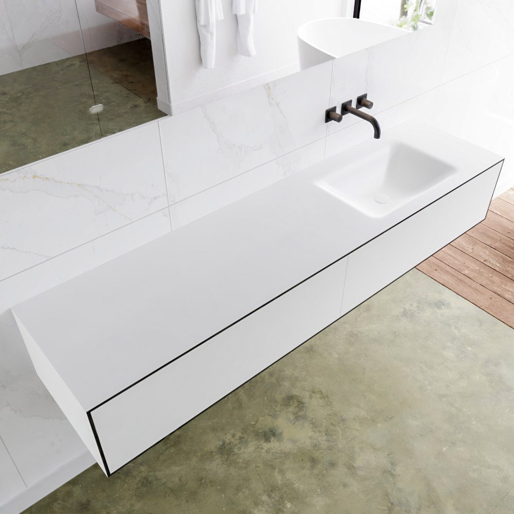 Mondiaz Lagom 180 badmeubel solid surface urban 2 lades Wastafel Cloud rechts zonder kraangat