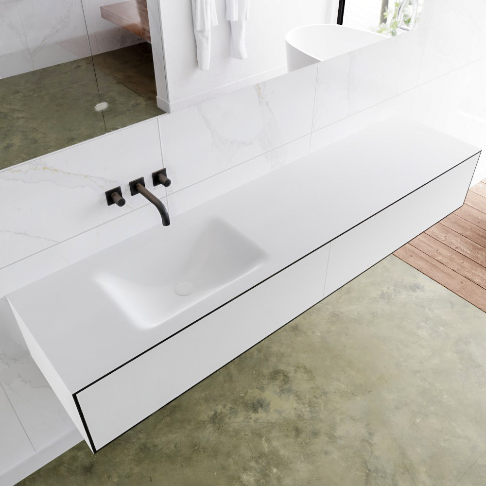 Mondiaz Lagom 190 badmeubel solid surface urban 2 lades Wastafel Cloud links zonder kraangat