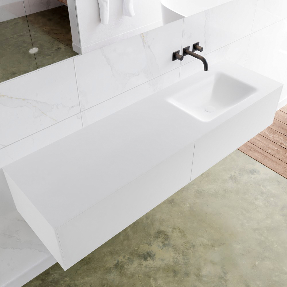 Mondiaz Lagom 160 badmeubel solid surface talc 2 lades Wastafel Cloud rechts zonder kraangat