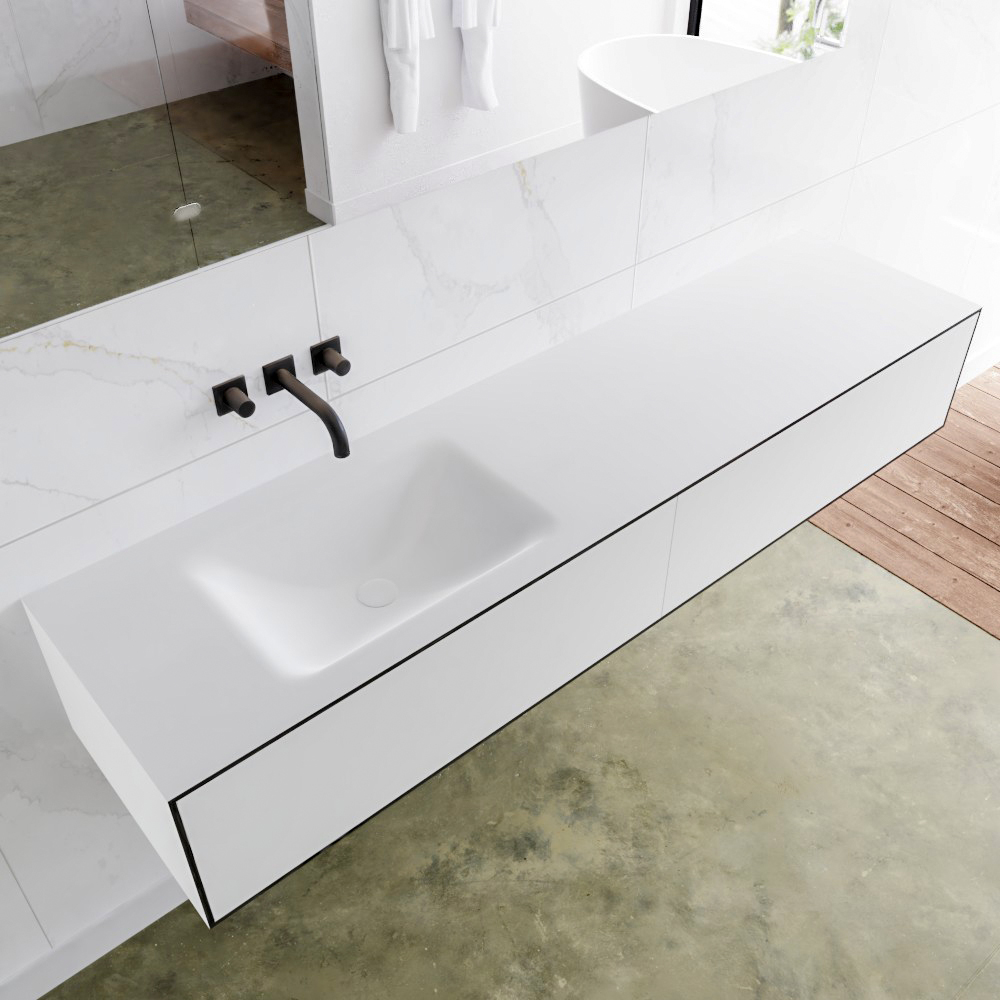 Mondiaz Lagom 180 badmeubel solid surface urban 2 lades Wastafel Cloud links zonder kraangat