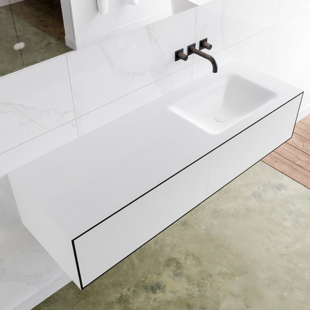 Mondiaz Lagom 140 badmeubel solid surface urban 2 lades Wastafel Cloud rechts zonder kraangat