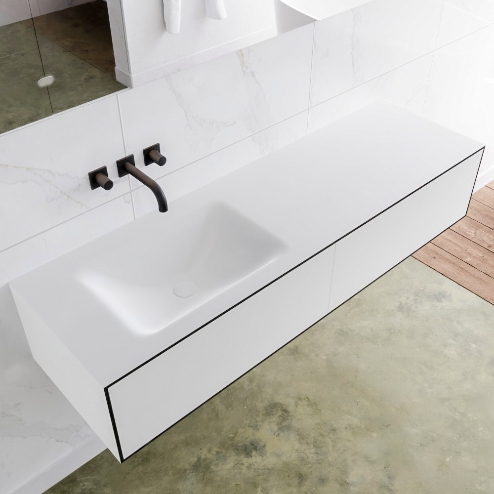 Mondiaz Lagom 150 badmeubel solid surface urban 2 lades Wastafel Cloud links zonder kraangat